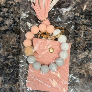 Pink and Gray Beaded Keychain Bracelet